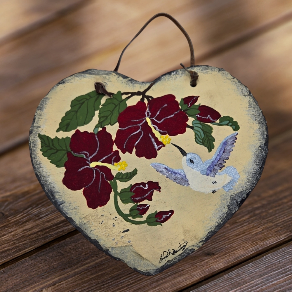 Hand Painted Slate Hummingbird in Flowers Artisan Signed